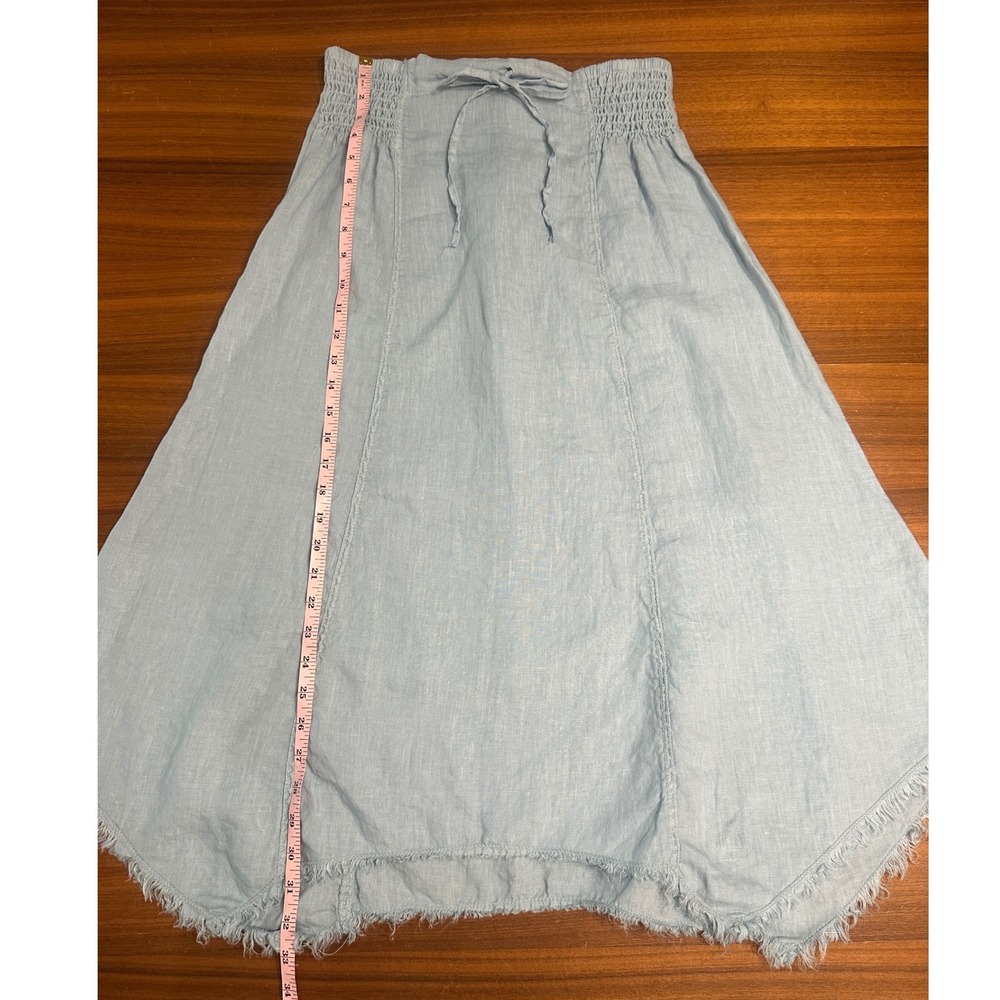 XCVI Midi Skirt 100% Linen Small Light Blue Smocked Frayed Hem Earthy Granola - Picture 6 of 9
